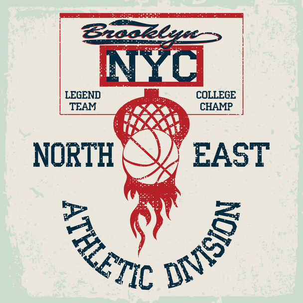 T-Shirt-Grafik des New Yorker Basketballteams, amerikanisches College Championship Grunge Emblem, Basket Ball mit Lorbeerkranz Sport Athletics Typografie-Stempel. - Vektor, Bild