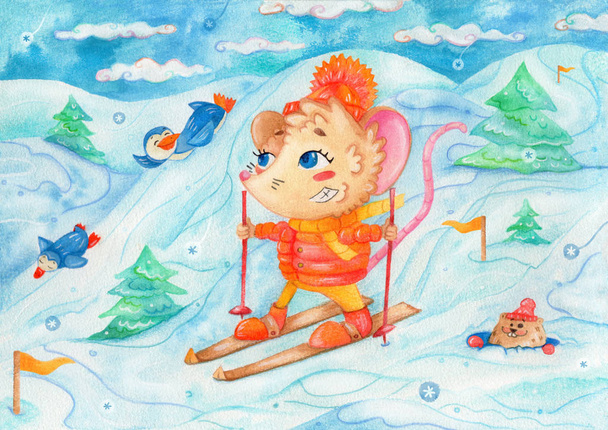 watercolor children illutration "February": fun times outdoors - 写真・画像