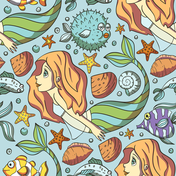 Seamless pattern with cute mermaids. - Vector, Image