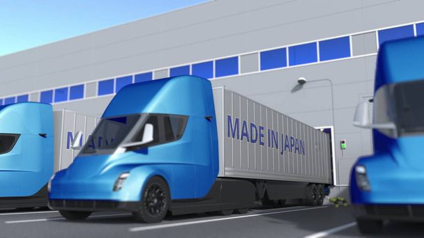 Трейлер вантажівки з текстом Made In Japan завантажуються або вивантажуються на складі. Японський бізнес пов'язаний 3d рендеринга - Фото, зображення