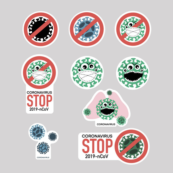 Aufkleberset Coronavirus Ausbruch mit Stoppschild, Warnung Coronaviren, Virus und Lunge, Maske auf grauem Hintergrund. Gesundheitsrisikokonzept für Pandemien. Gesundheitliche und medizinische Vektorillustration - Vektor, Bild