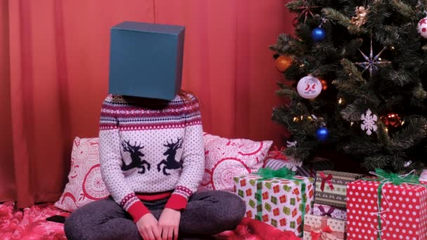 Une femme est assise au sapin de Noël avec une boîte sur la tête. concept de vacances et nouvelle année
. - Séquence, vidéo