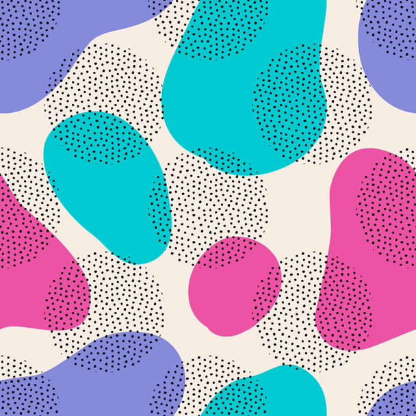 Vector seamless pattern with round dotted elements and fluid shapes. Trendy geometric background. - Vector, Image
