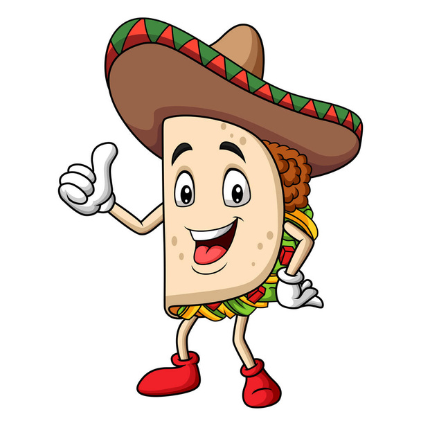Cartoon taco wearing a sombrero giving thumb up - Вектор,изображение