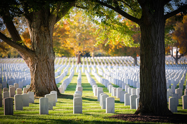 επιτύμβιες στήλες είναι απόλυτα ευθυγραμμισμένες στο νεκροταφείο Dayton Nation στο Ντέιτον του Οχάιο κατά τη διάρκεια της πολύχρωμης φθινοπωρινής περιόδου. - Φωτογραφία, εικόνα