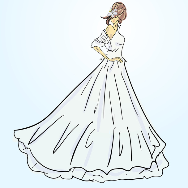 Novia en vestido de novia blanco con ramo
 - Vector, imagen