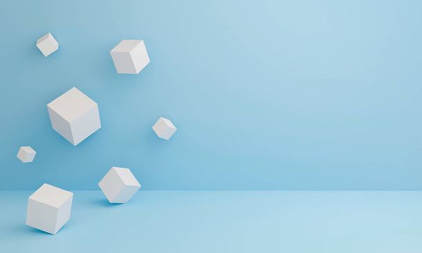 Abstract 3d white cube boxes on blue texture with geometric shapes podium. Art 3d cubes background for display product, presentation and banner on website. Empty showcase for advertising. Minimal. - Фото, изображение