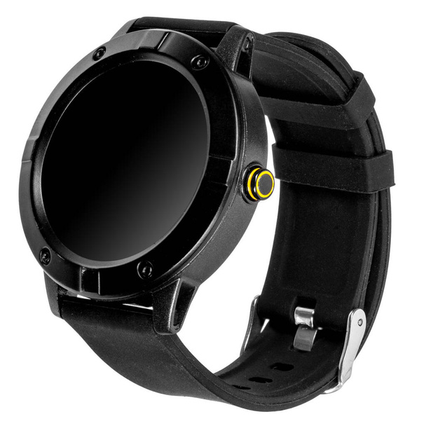 Montre intelligente sans fil dans un boîtier rond noir mat sur bracelet en silicone
 - Photo, image