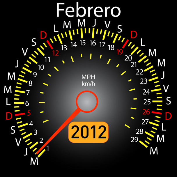スペイン語での 2012 年カレンダー スピード メーター車。2 月 - ベクター画像