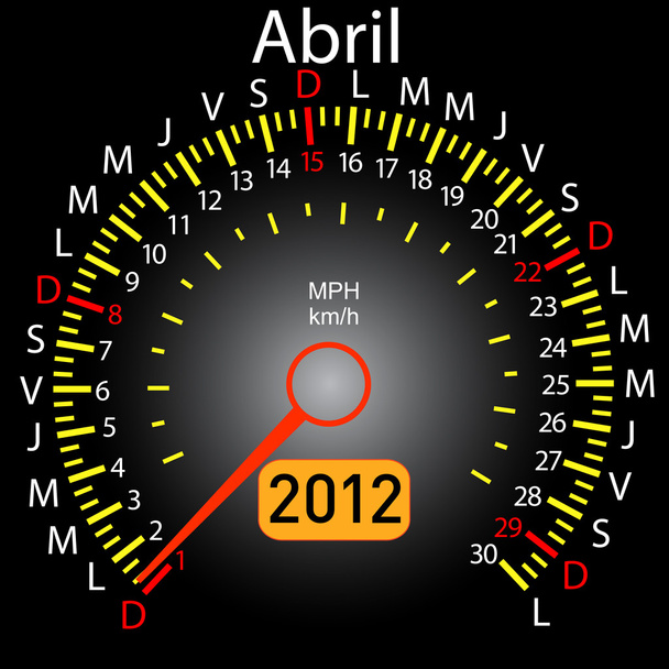 2012 año calendario velocímetro coche en español. Abril
 - Vector, Imagen
