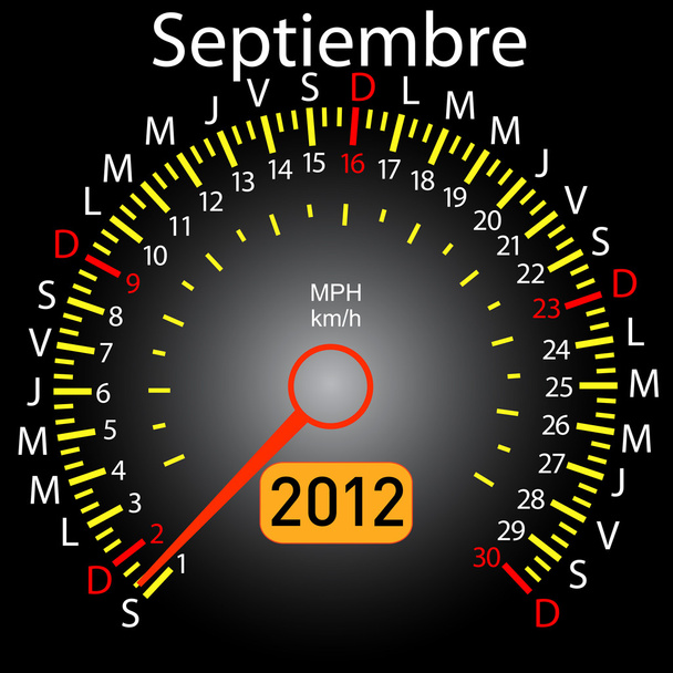スペイン語での 2012 年カレンダー スピード メーター車。9 月 - ベクター画像
