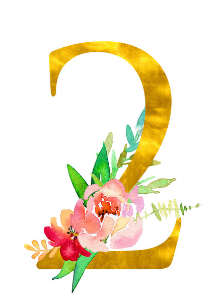 Χρυσή κλασική μορφή νούμερο 2 διακοσμημένη με λουλούδια και φύλλα ακουαρέλας, απομονωμένη σε λευκό φόντο. Εικονογράφηση για προσκλήσεις γάμου, αφίσες, κάρτες, διακόσμηση σπιτιού και άλλες έννοιες - Φωτογραφία, εικόνα