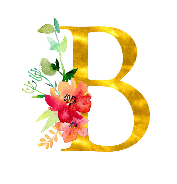 Χρυσή κλασική μορφή γράμμα Β διακοσμημένο με ακουαρέλα λουλούδια και φύλλα, απομονωμένο σε λευκό φόντο. Πολυτελής μοναδικός σχεδιασμός για προσκλήσεις γάμου, αφίσες, κάρτες, διακόσμηση σπιτιού, άλλες έννοιες - Φωτογραφία, εικόνα