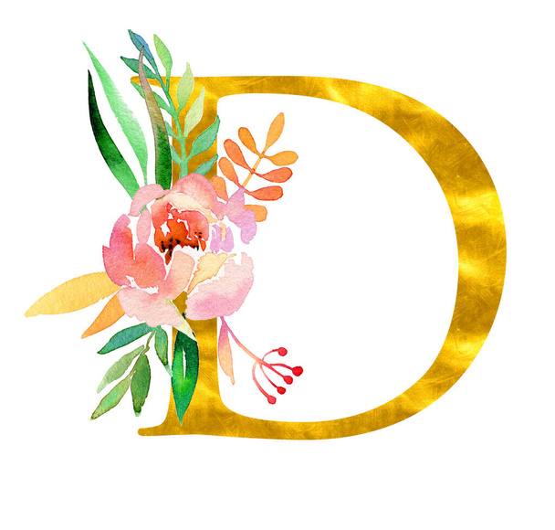 Altın klasik harf D, suluboya çiçekler ve yapraklarla süslenmiş, beyaz arka planda izole edilmiş. Düğün davetiyeleri, posterler, kartlar, ev dekorasyonu ve diğer kavramlar için lüks tasarım. - Fotoğraf, Görsel