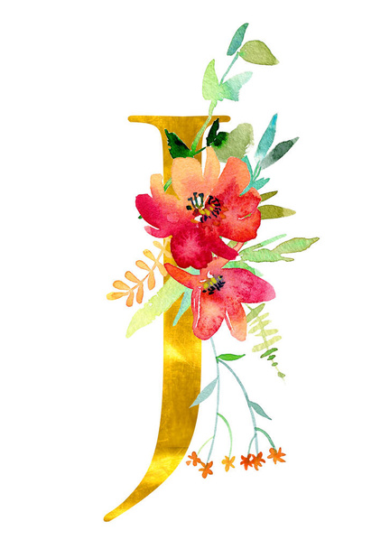 Altın klasik J harfi suluboya çiçek ve yapraklarla süslenmiş, beyaz arka planda izole edilmiş. Düğün davetiyeleri, posterler, kartlar, ev dekorasyonu ve diğer kavramlar için lüks tasarım. - Fotoğraf, Görsel