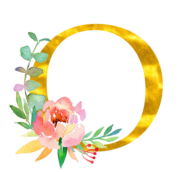 Altın klasik harf O, suluboya çiçekler ve yapraklarla süslenmiş, beyaz arka planda izole edilmiş. Düğün davetiyeleri, posterler, kartlar, ev dekorasyonu ve diğer kavramlar için lüks tasarım. - Fotoğraf, Görsel