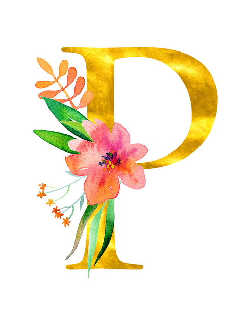 Zlaté klasické písmeno P zdobené akvarelovými květy a listy, izolované na bílém pozadí. Luxusní unikátní design pro svatební pozvánky, plakáty, pohlednice, domácí dekorace, jiné koncepty - Fotografie, Obrázek