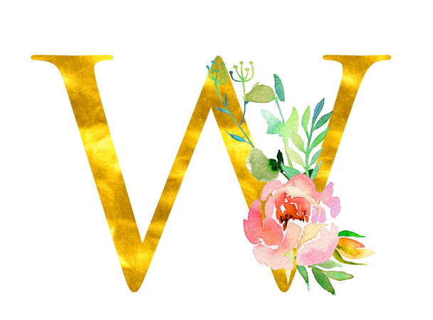 Altın klasik harf W, suluboya çiçekler ve yapraklarla süslenmiş, beyaz arka planda izole edilmiş. Düğün davetiyeleri, posterler, kartlar, ev dekorasyonu ve diğer kavramlar için lüks tasarım. - Fotoğraf, Görsel