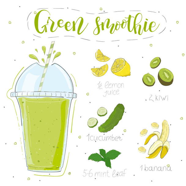Green smoothie recipe. With illustration of ingredients. Hand draw lemon, kiwi, cucumber, banana, mint. Doodle style - Vektori, kuva