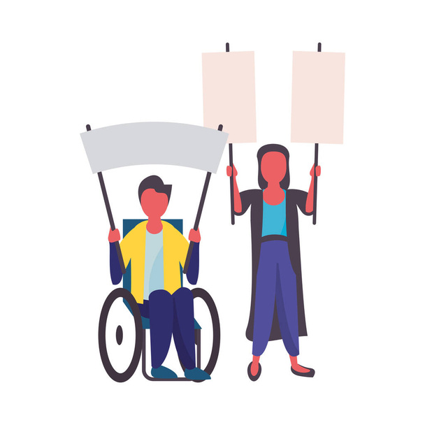 Aktivistenpaar im Rollstuhl mit Protestbanner - Vektor, Bild