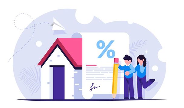 Mortgage loan form concept. Young family signs a mortgage document to buy a new home. Favorable interest from the bank. Vector isoalted illustration. - Vector, Image