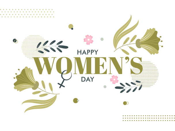 Happy Women's Day Text with Female Gender Sign, Flowers and Leav - Vecteur, image