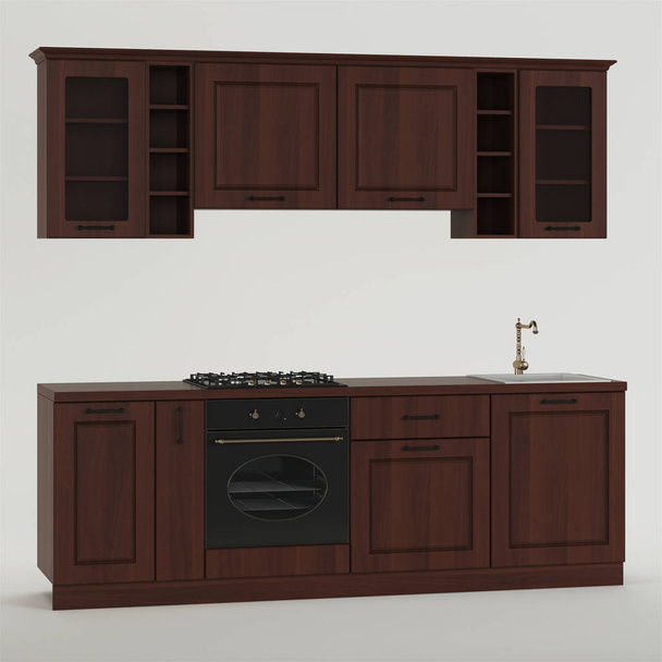 Kitchen. Furniture and kitchen equipment on a white background. Clipping path included. 3D rendering. - Foto, Bild