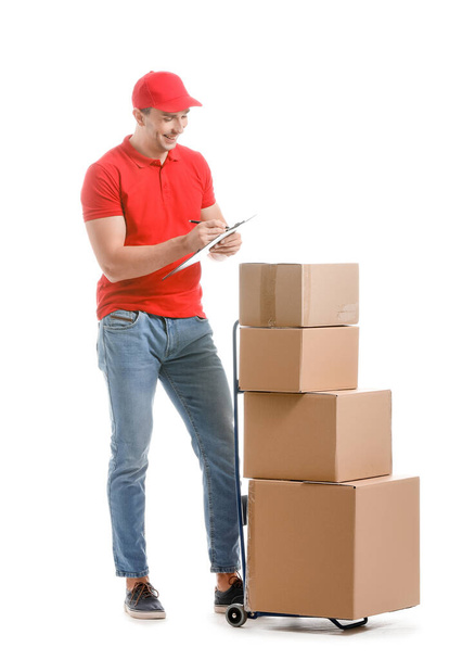 Delivery man with boxes on white background - Fotoğraf, Görsel
