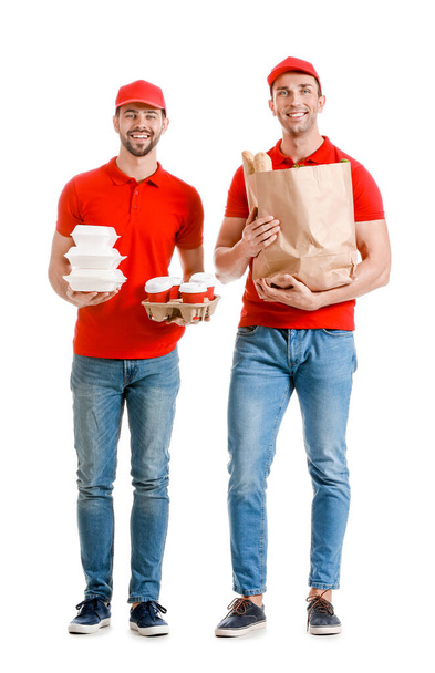 Красиві працівники служби доставки їжі на білому тлі
 - Фото, зображення