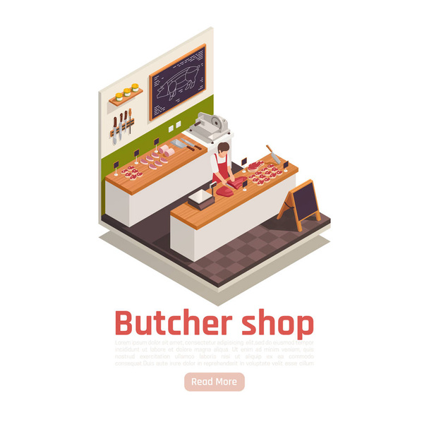 Butcher Shop Isometric Composition  - Vector, Image