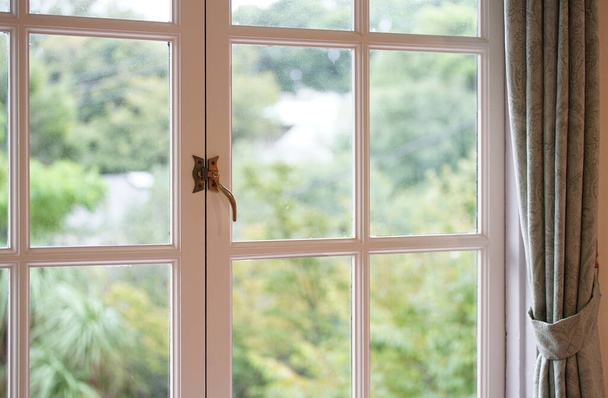 Природний зелений вид з штор і вікон кімнати
                                - Фото, зображення