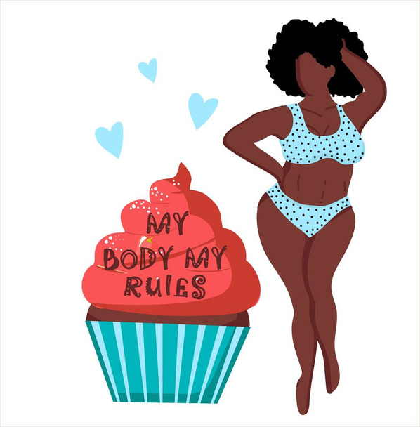 My body is my rule. Bodypositive concept. Woman with plus size. Black girl. Excess weight. Cupcake. - Photo, Image