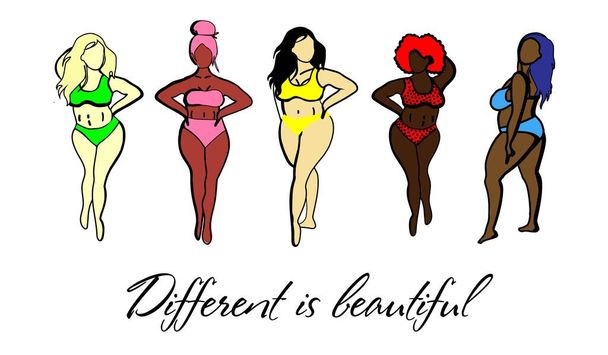 Vrouwen met verschillende huidskleuren. Afroamer Ikan, Europees, Aziatisch, Scandinavisch. Lichaam positief concept. Elk lichaam is mooi. Motivationele inscriptie. Vrouwen in zwemkleding geïsoleerd op een witte achtergrond - Foto, afbeelding