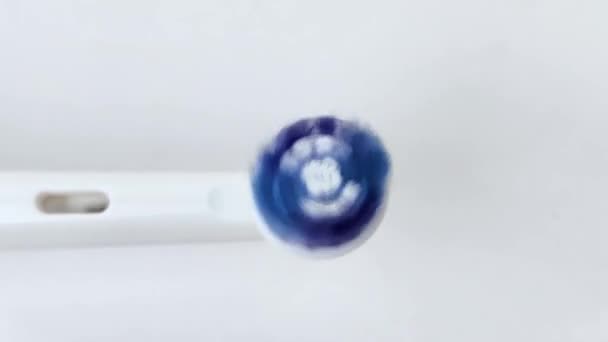Makro video pracovního elektrického zubního kartáčku. Detailní záběr ukazuje hlavici trysky, jejíž vily se pohybují rychle. Koncept ústní hygieny - Záběry, video