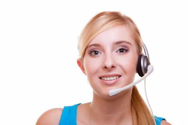 dívka s sluchátka a mikrofon headset na bílém pozadí - Fotografie, Obrázek