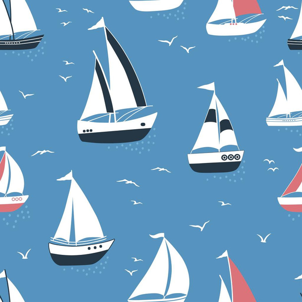 Marine seamless pattern with cartoon boats and silhouettes of birds  - ベクター画像