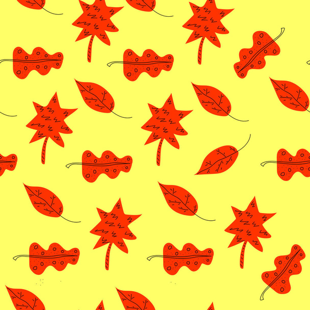 Seamless colorful pattern with foliage. Red leaves vector illustration on the yellow background. - Vektor, obrázek