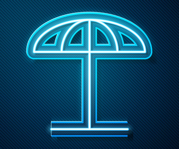Świecąca neonowa linia Parasol ochronny na ikonę plaży odizolowany na niebieskim tle. Duży parasol do przestrzeni zewnętrznej. Parasol plażowy. Ilustracja wektora - Wektor, obraz
