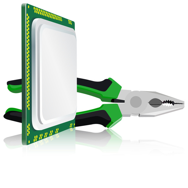 pliers and computer processor on a white background - Vector, Image