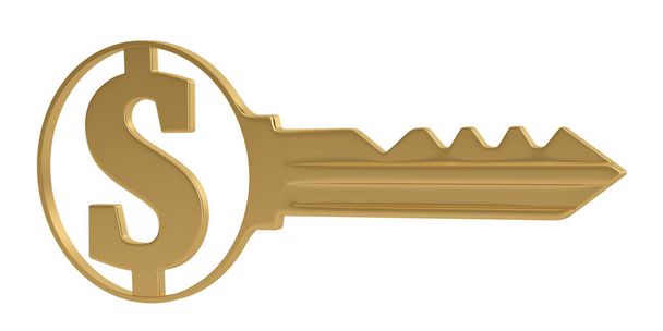 Gold dollar Key  isolated on white background 3D illustration. - Фото, изображение