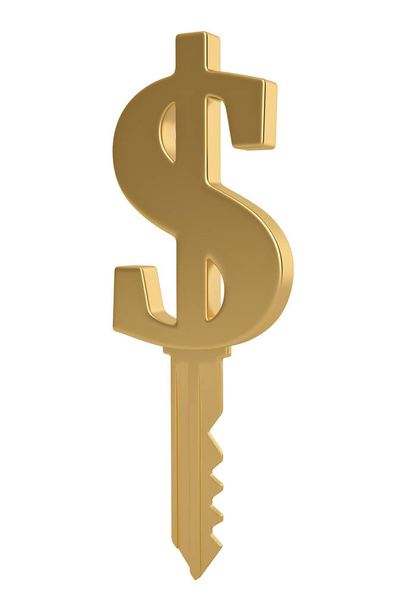 Gold dollar Key  isolated on white background 3D illustration. - Foto, Imagen