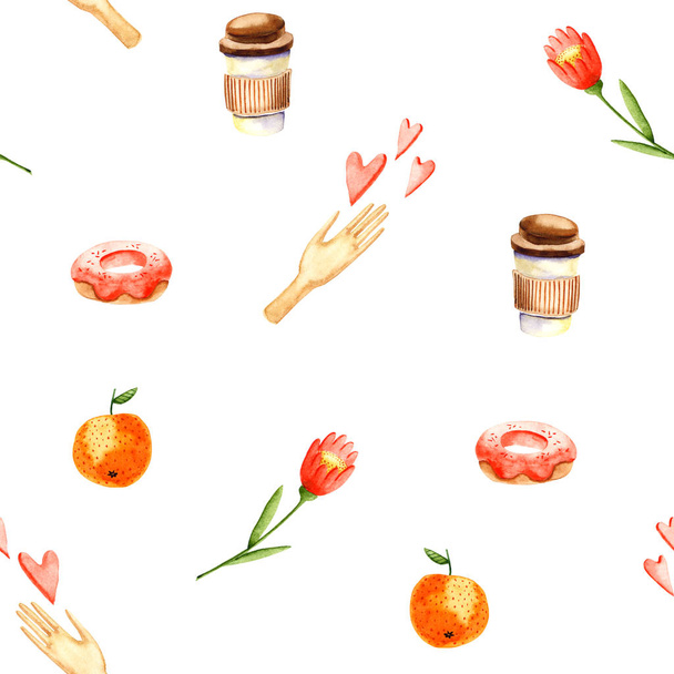 Бесшовный рисунок акварели кофе, руки, сердца, пончик, цветок, оранжевый. Изолированная красочная иллюстрация
.  - Фото, изображение
