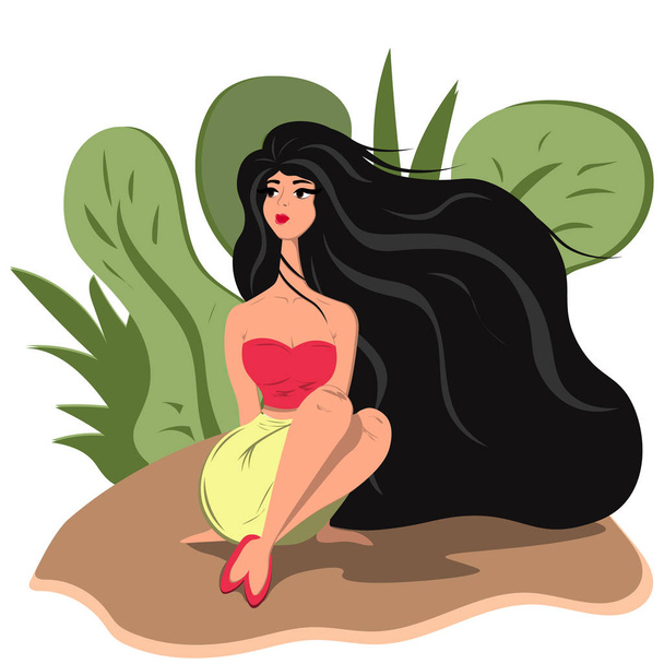 A woman with dark hair sits on the lawn leaning on her arms. Illustration in flat style. - Вектор, зображення