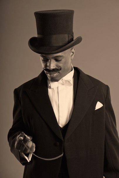 Retro afro american dickens scrooge man with mustache. Wearing b - Valokuva, kuva