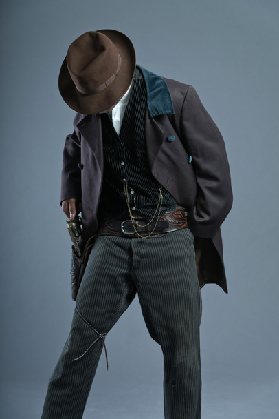 Retro Afro america western cowboy man with mustache. Ready to sh - Zdjęcie, obraz