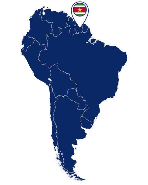 Флаг Суринама по значку местоположения и карте Южной Америки
 - Вектор,изображение