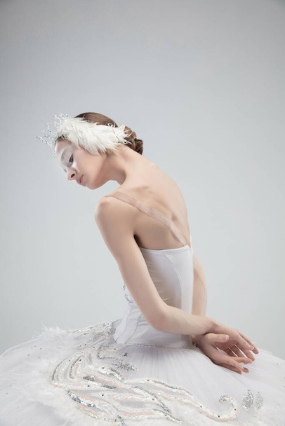 Close up of young graceful ballerina on white studio background - 写真・画像
