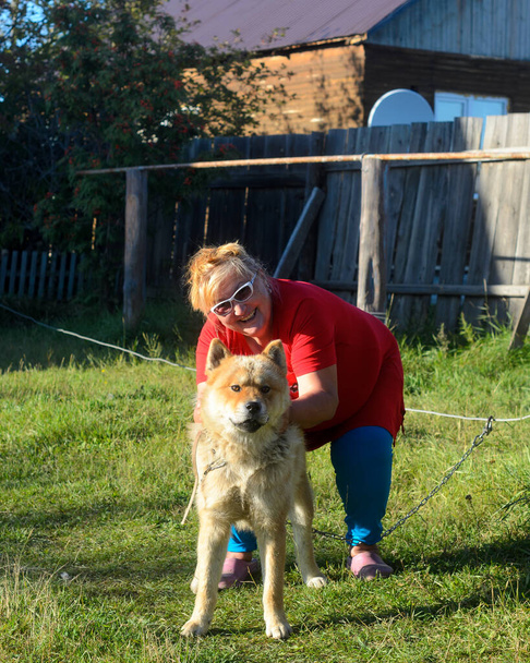 Une joyeuse femme de graisse yakut en lunettes pose avec son chien Akita inu en laisse sur l'herbe verte d'un village à Yakutia
. - Photo, image
