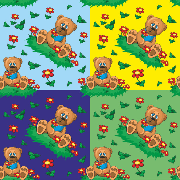 Muster mit Teddybär und Blumen - Vektor, Bild