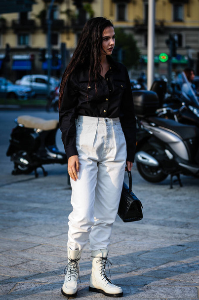 MILAN, Italy- September 18 2019: Doina Ciobanu on the street during the Milan Fashion Week. - Zdjęcie, obraz